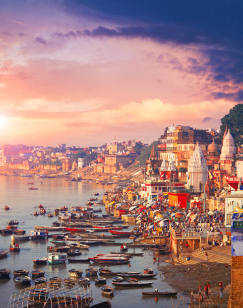 Holy town Varanasi and bank of the Ganges river with ghats